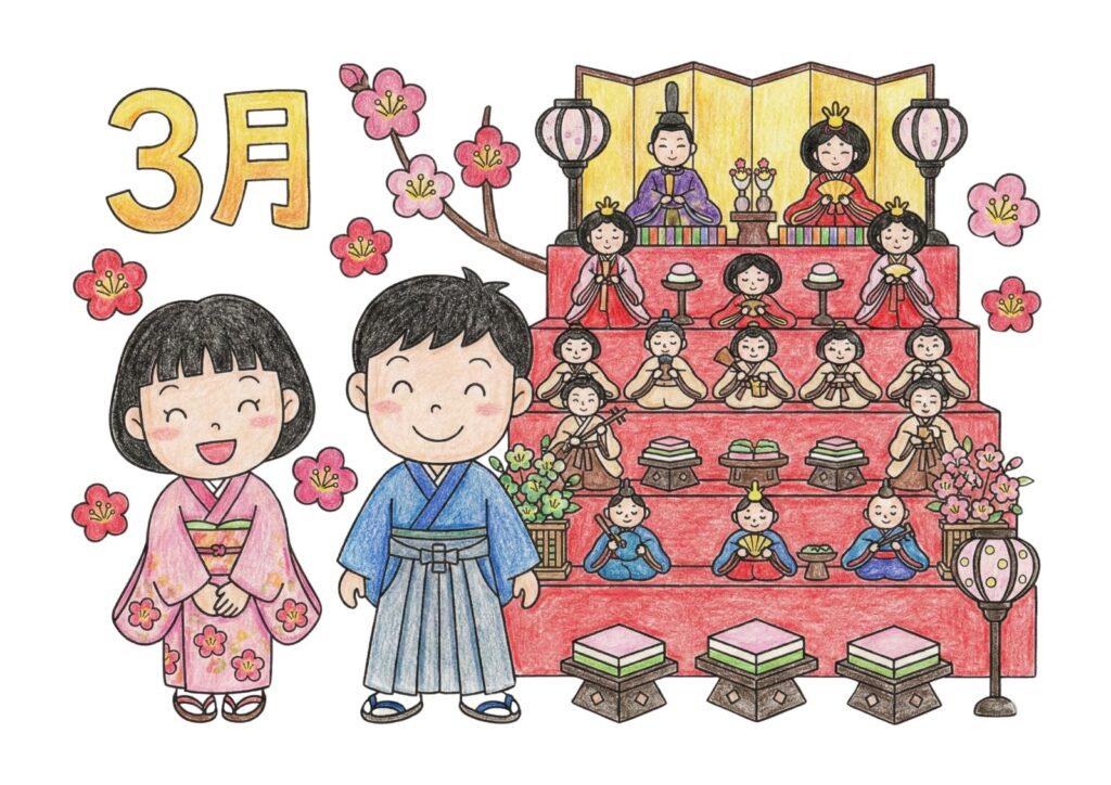 雛人形と梅の塗り絵イラスト カラー見本（無料・印刷OK）