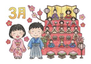 雛人形と梅の塗り絵イラスト カラー見本（無料・印刷OK）