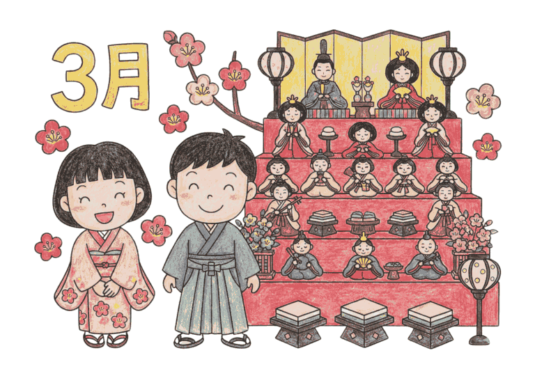 雛人形と梅の塗り絵イラスト