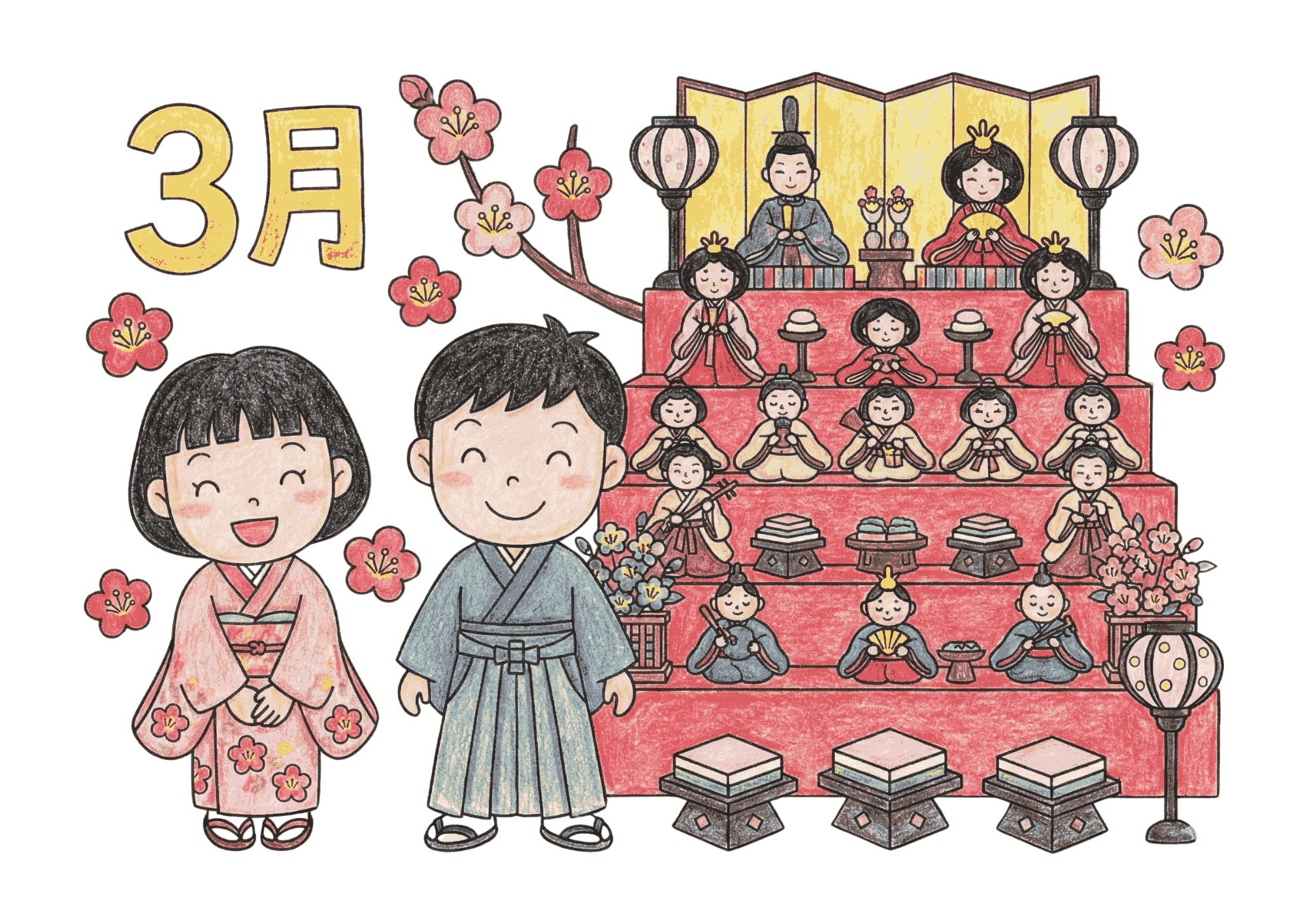 雛人形と梅のイラスト|無料ダウンロード|塗り絵イラスト|フリー画像|素材
