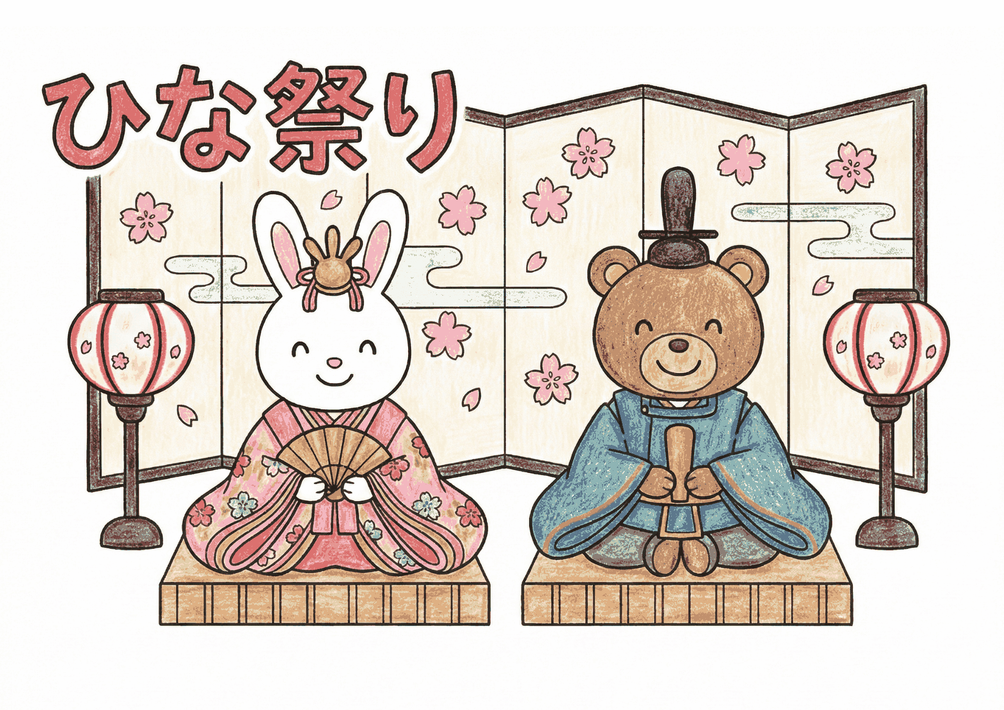 ひな祭りの動物ぬりえ画像|無料ダウンロードできる白黒イラストのフリー画像素材
