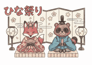 ひな祭りの動物ぬりえ画像｜狐とたぬきの雛人形・無料ダウンロードできる白黒イラスト素材