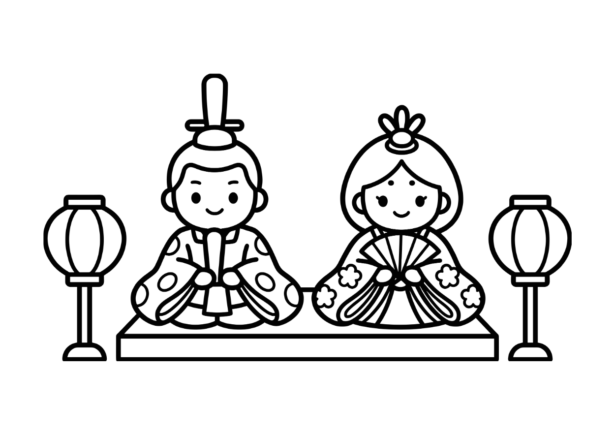 ひな人形の塗り絵イラスト 白黒 無料ダウンロード 印刷用