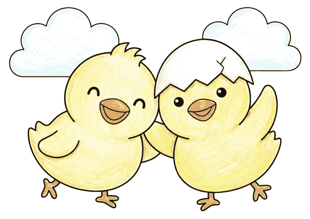 ひよこ兄弟の塗り絵イラスト無料ダウンロード用フリー画像素材（白黒・太線）