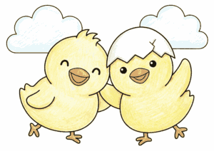 ひよこ兄弟の塗り絵イラスト無料ダウンロード用フリー画像素材（白黒・太線）