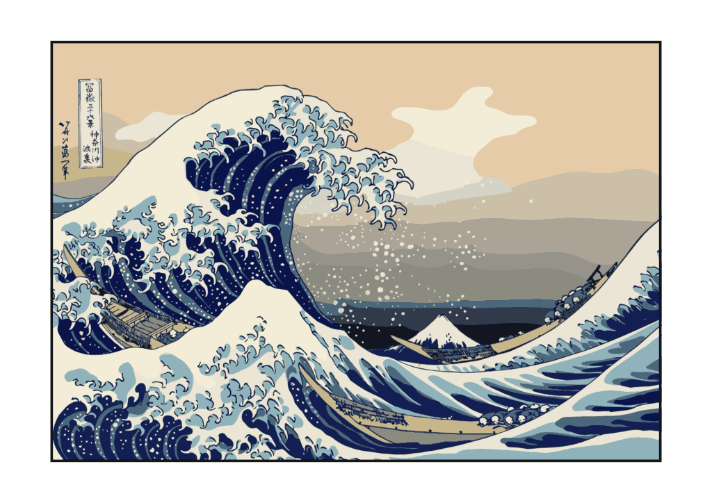 葛飾北斎の浮世絵「神奈川沖浪裏」ぬりえ｜大人向け｜風景画｜和風｜無料ダウンロード素材
