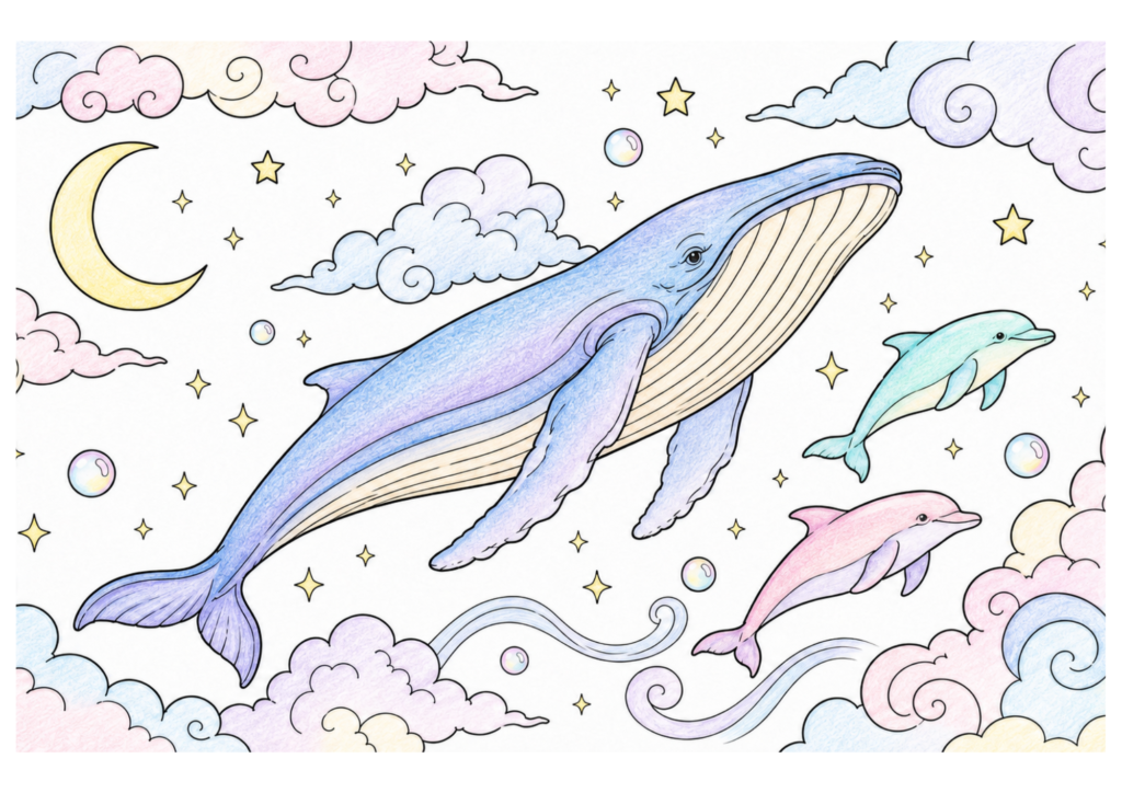 星空のクジラとイルカの塗り絵イラスト カラー見本（無料・印刷OK）