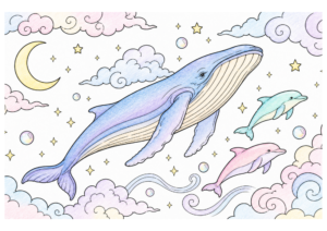 星空のクジラとイルカの塗り絵イラスト カラー見本（無料・印刷OK）