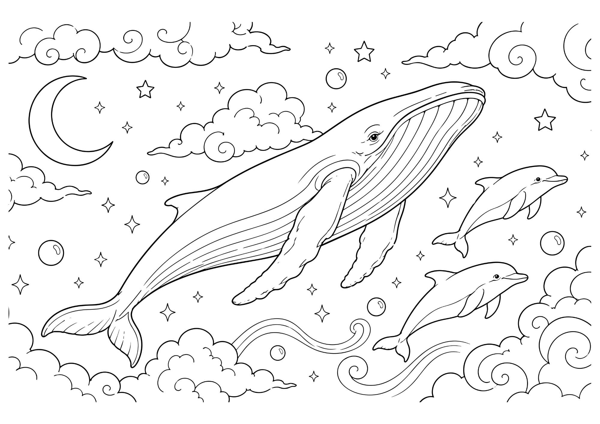 星空のクジラとイルカの塗り絵イラスト 白黒線画 印刷用（無料）