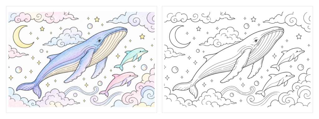 星空のクジラとイルカの塗り絵イラスト カラー見本と白黒線画