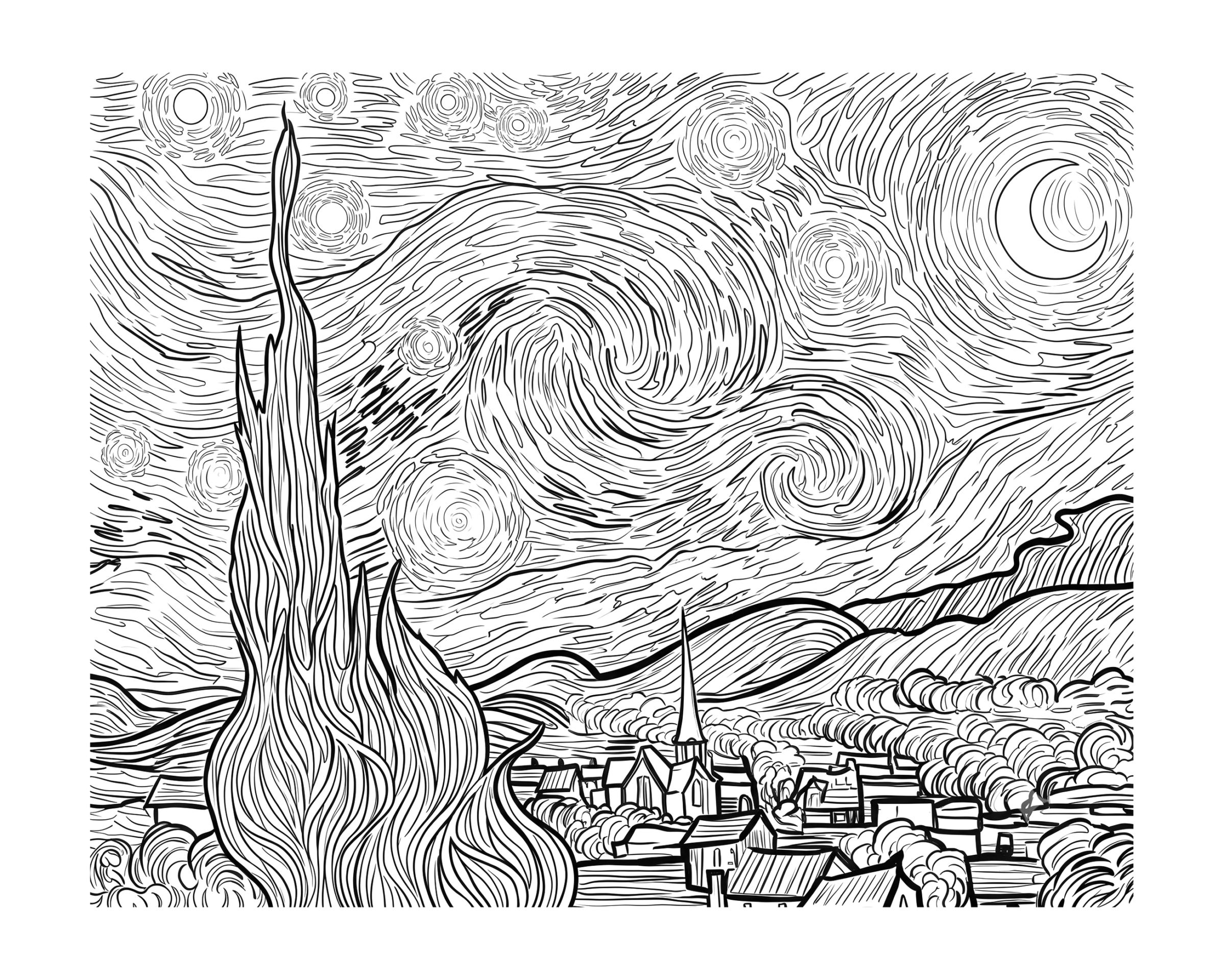 星月夜の塗り絵イラスト 白黒線画 印刷用（無料）
