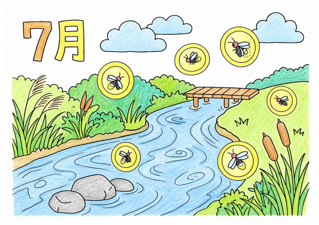蛍（ホタル）の塗り絵イラスト カラー見本（無料・印刷OK）