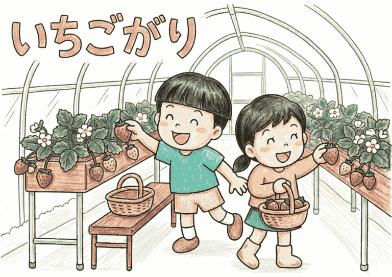 いちご狩りの塗り絵イラスト