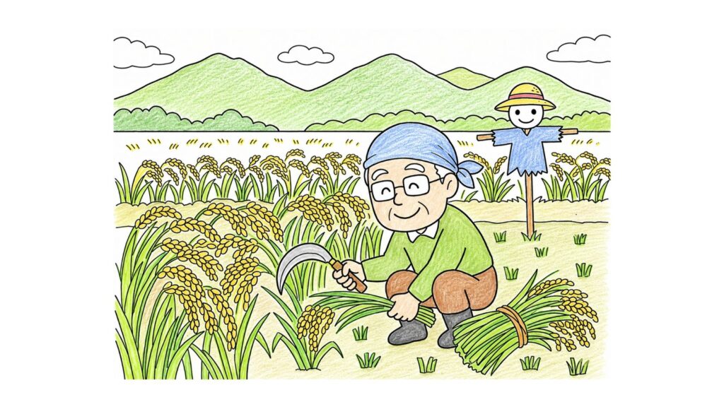 稲刈りの塗り絵イラスト カラー見本（無料・印刷OK）