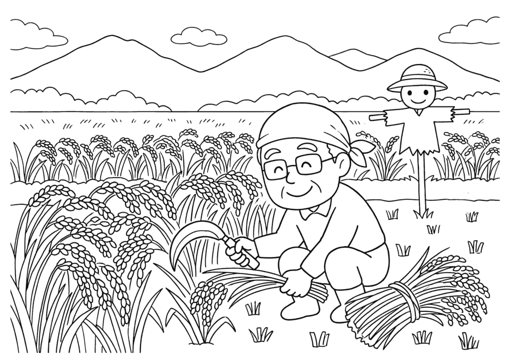 稲刈り 白黒 無料印刷用