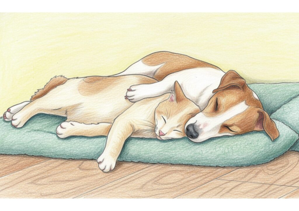 仲良く眠る犬と猫の塗り絵イラスト カラー見本（無料・印刷OK）