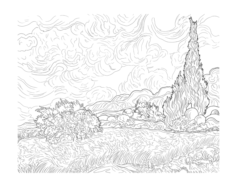 糸杉のある麦畑の塗り絵イラスト 白黒線画 印刷用(無料)