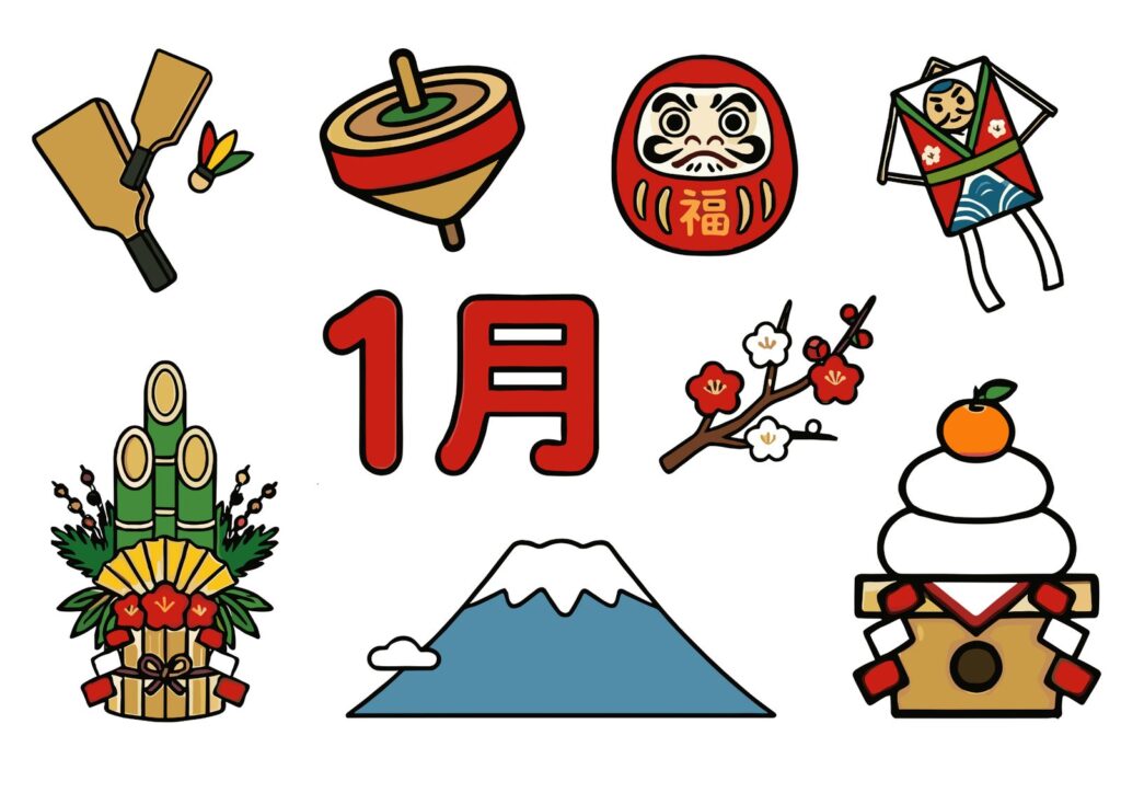 1月のぬりえイラストの塗り絵イラスト カラー見本（無料・印刷OK）