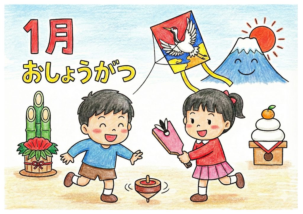 1月のお正月あそび塗り絵イラストの塗り絵 カラー見本 無料ダウンロード