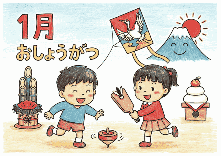 1月のお正月あそびの塗り絵イラスト