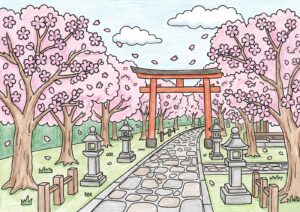 神社の鳥居と桜並木の塗り絵イラスト カラー見本（無料・印刷OK）