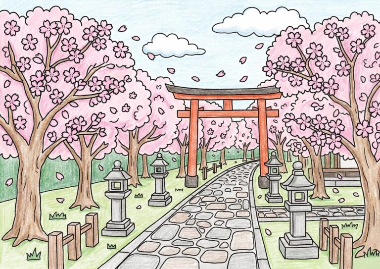 神社の鳥居と桜並木の塗り絵イラスト