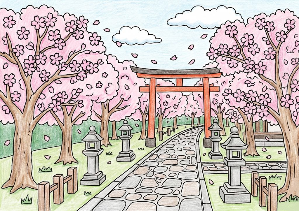 神社の鳥居と桜の石畳参道の塗り絵 カラー見本 桜並木と石灯籠のある春の神社風景