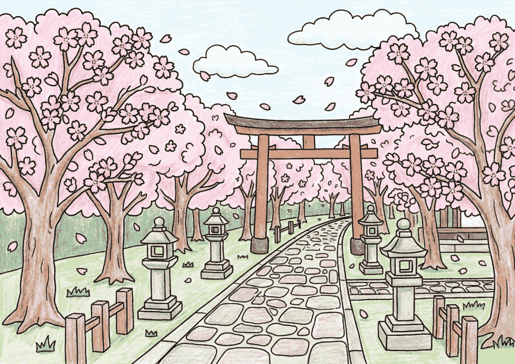 jinja sakura ishidatami shrine cherry blossom nurie color 20260327