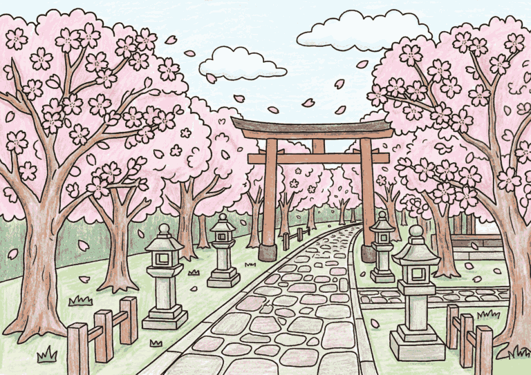 神社の鳥居と桜並木の塗り絵イラスト