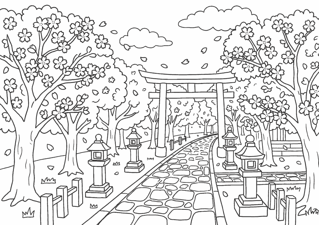 神社の鳥居と桜の石畳参道の塗り絵 白黒線画 桜と石灯籠の参道風景