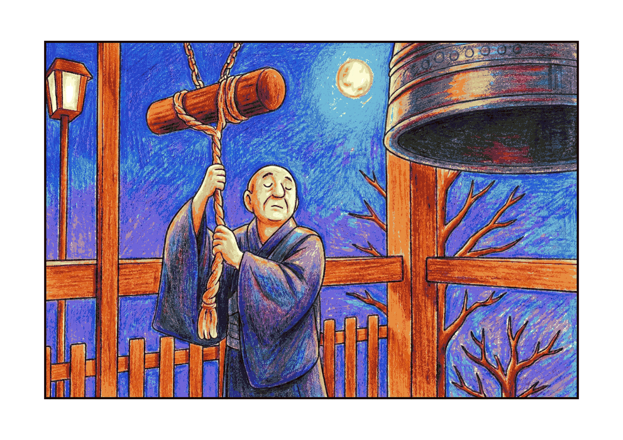 除夜の鐘の無料ぬりえイラスト|高齢者向け|冬の風物詩|塗りやすい線画|ダウンロード