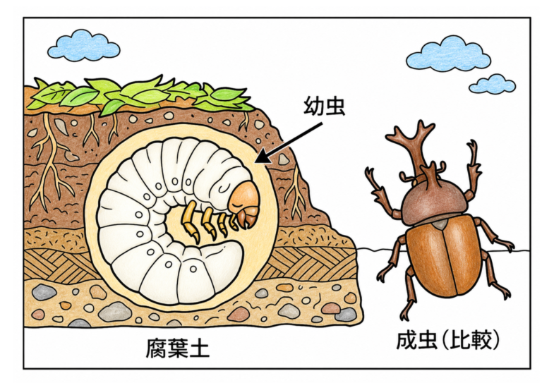 カブトムシと幼虫の塗り絵