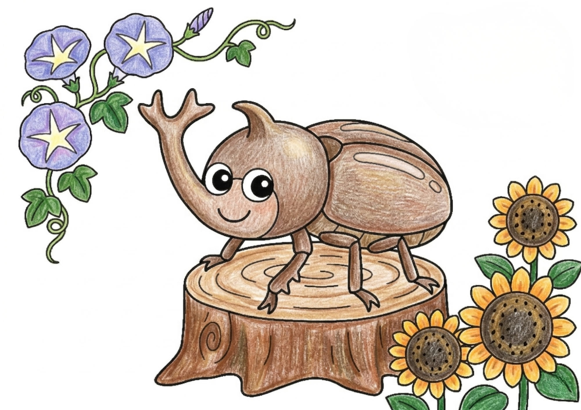 カブトムシと夏の花の塗り絵イラスト