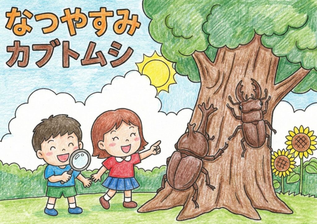 夏の虫取り塗り絵イラスト｜カブトムシとひまわり｜子供向けフリー画像素材の塗り絵イラスト カラー見本（無料・印刷OK）