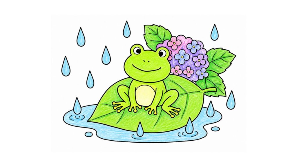 カエルと紫陽花の塗り絵イラスト カラー見本（無料・印刷OK）