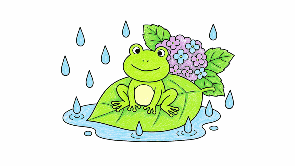 カエルと紫陽花の塗り絵 アイキャッチ