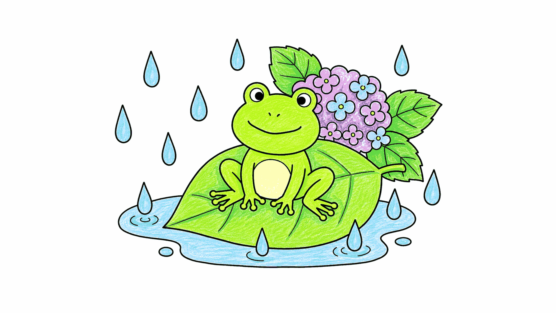 カエルと紫陽花の塗り絵 アイキャッチ