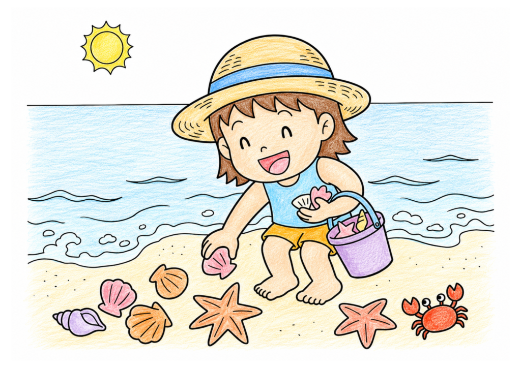 貝殻あつめの塗り絵イラスト