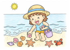 貝殻あつめの塗り絵イラスト