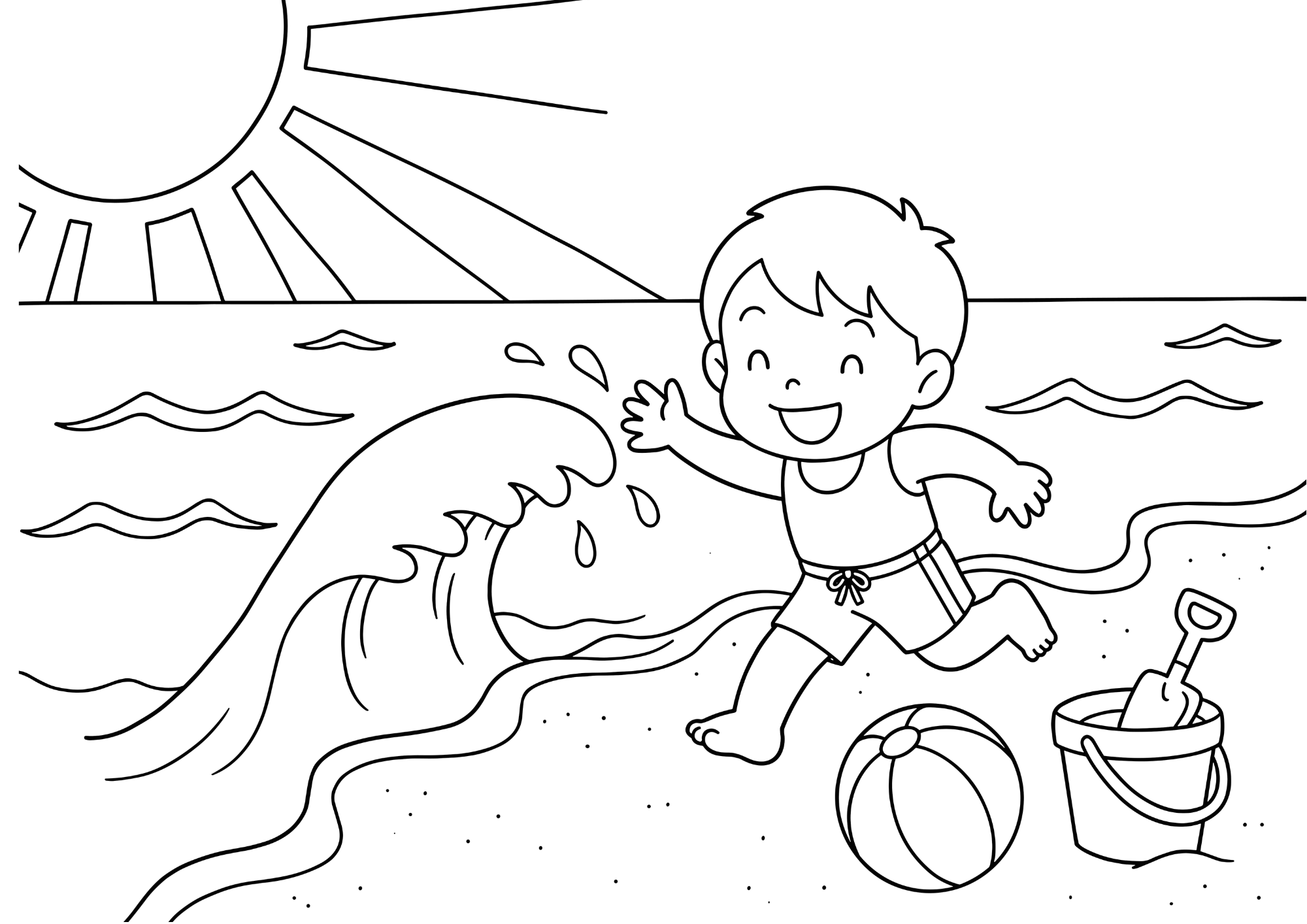 海水浴の塗り絵 白黒