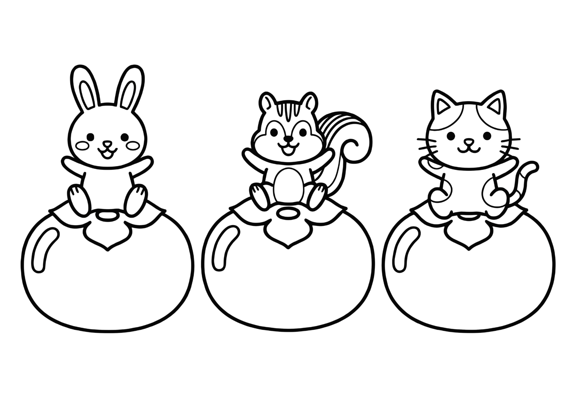 柿と動物の塗り絵イラスト 白黒 無料ダウンロード 印刷用