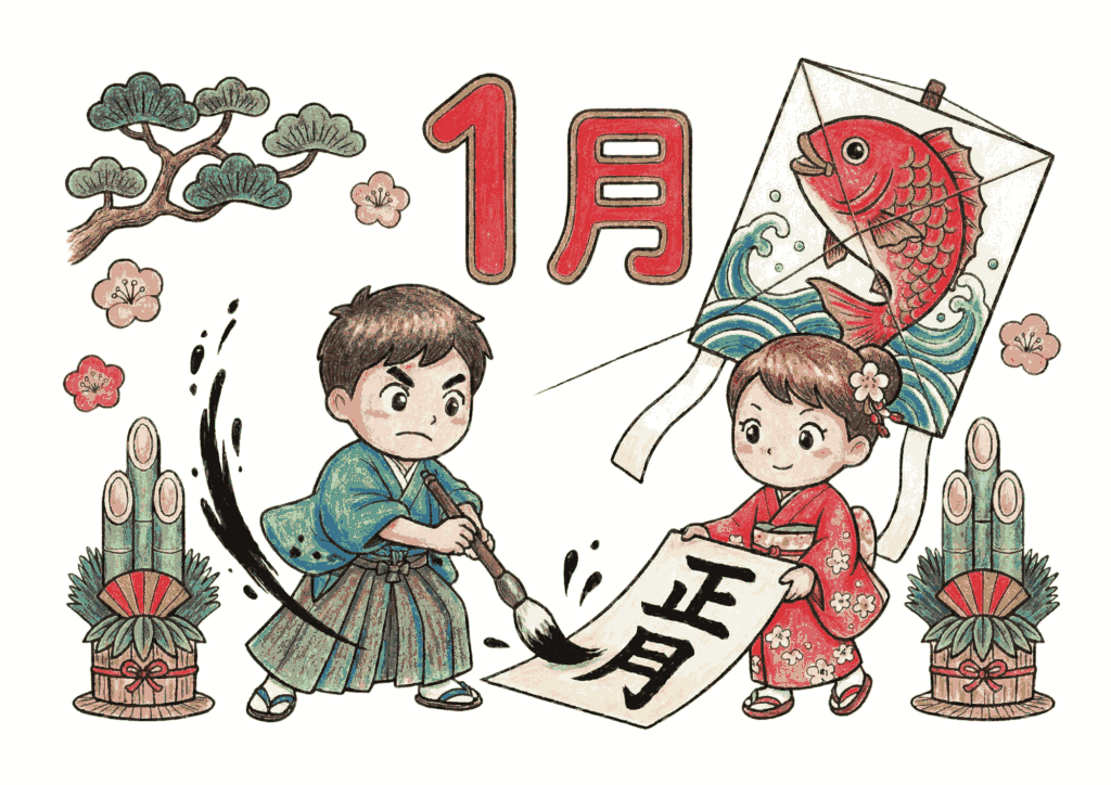 1月の書き初めのイラスト｜無料ダウンロード｜塗り絵イラスト｜フリー画像｜子供・高齢者向け素材