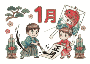 1月の書き初めのイラスト｜無料ダウンロード｜塗り絵イラスト｜フリー画像｜子供・高齢者向け素材