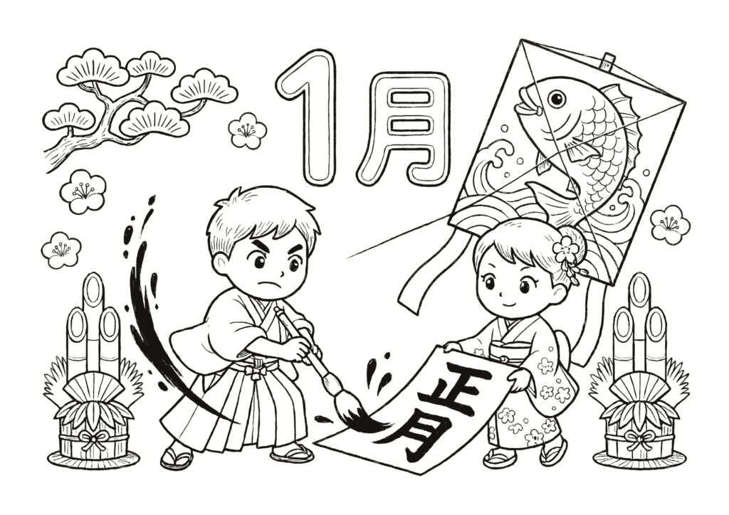 書き初めの塗り絵 白黒 無料ダウンロード 印刷用
