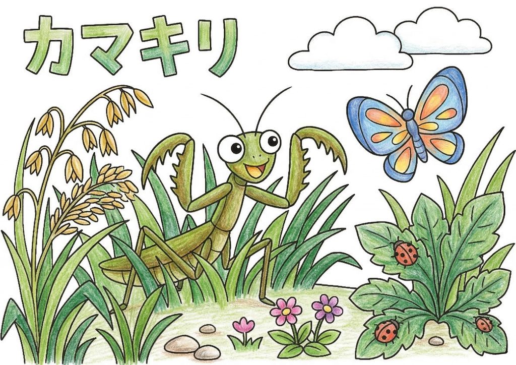 カマキリ(蟷螂)の塗り絵カラー見本|草むらのかわいいカマキリと蝶々・てんとう虫