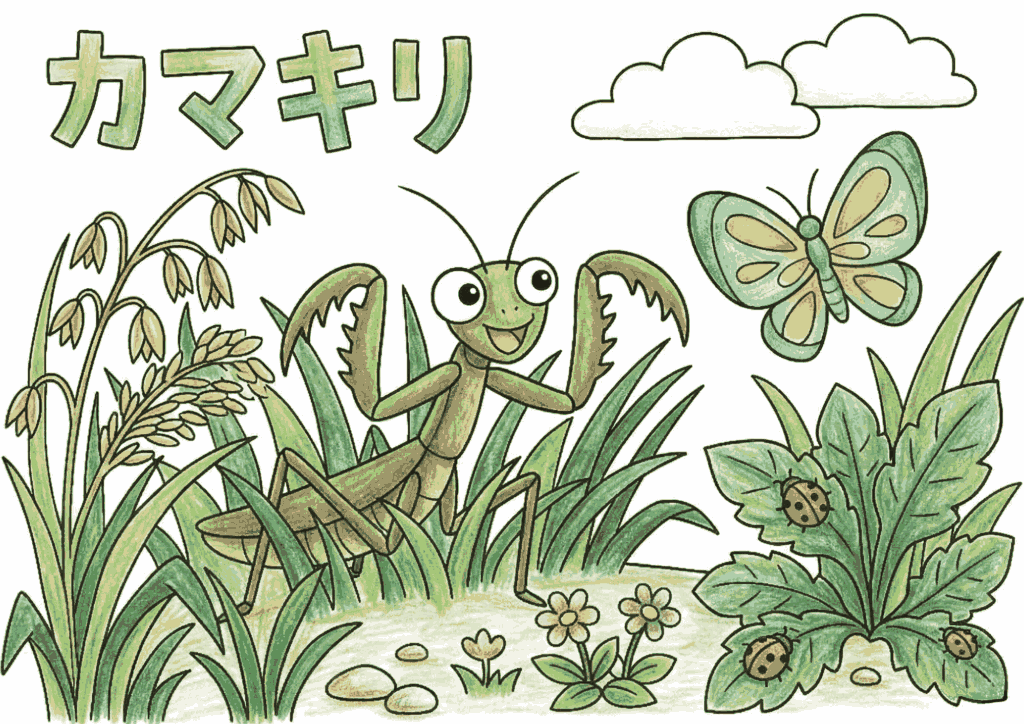 カマキリ（蟷螂）の塗り絵イラスト カラー見本 無料ダウンロード