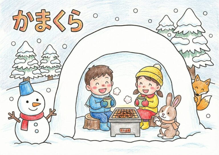 冬あそび「かまくら」の塗り絵イラスト