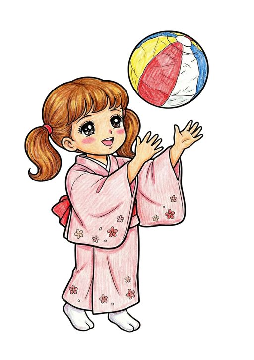 紙風船で遊ぶ女の子のぬりえイラストの塗り絵 カラー見本 無料ダウンロード
