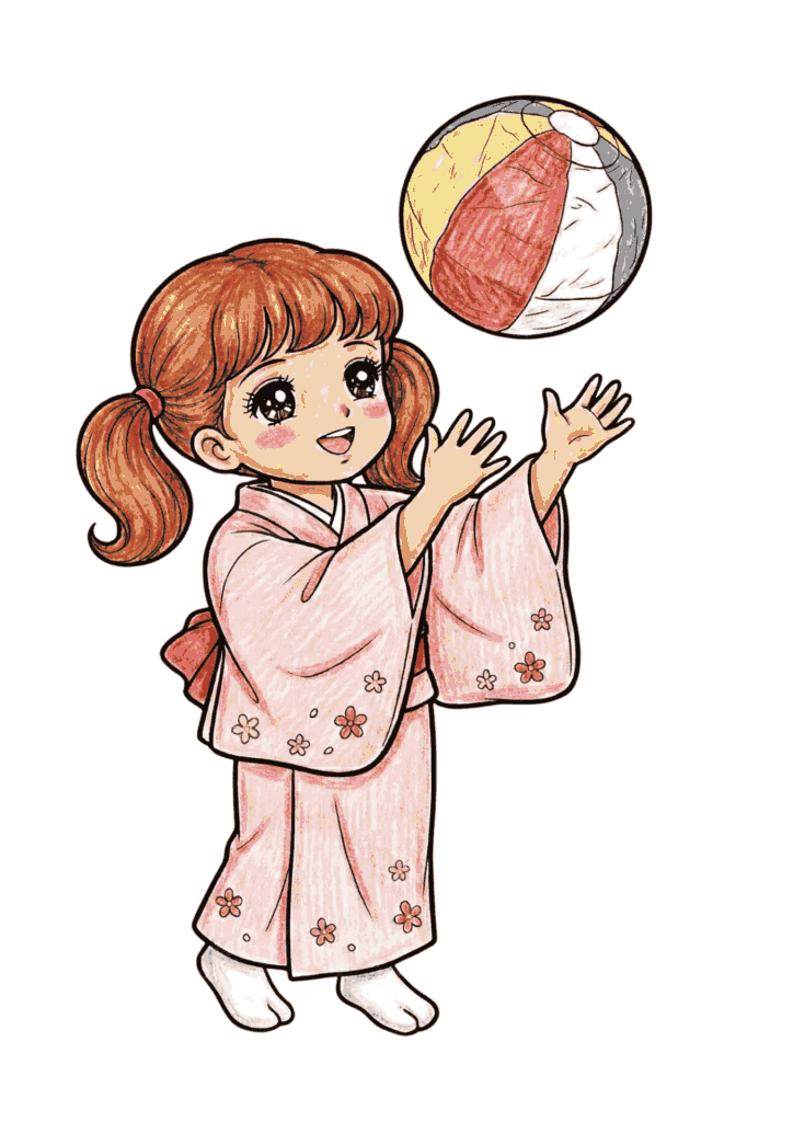 紙風船で遊ぶ女の子のぬりえイラストの塗り絵 カラー見本 無料ダウンロード
