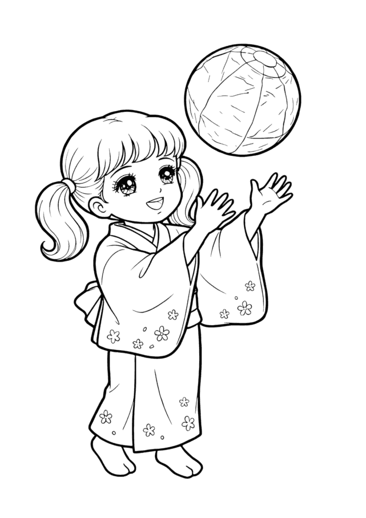 紙風船で遊ぶ女の子のぬりえイラストの塗り絵 白黒 無料ダウンロード 印刷用